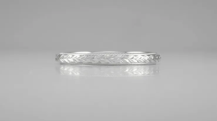 Art Deco Hand Engraved Wheat Millgrain Wedding Band in White Gold - 2.5mm Wide