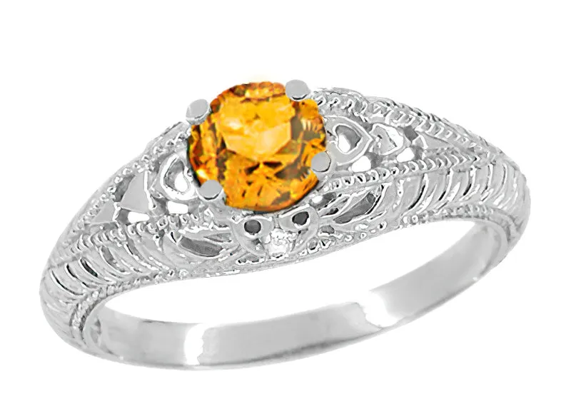 Art Deco Hearts Engraved Filigree Citrine Engagement Ring with Side Diamonds in 14 Karat White Gold