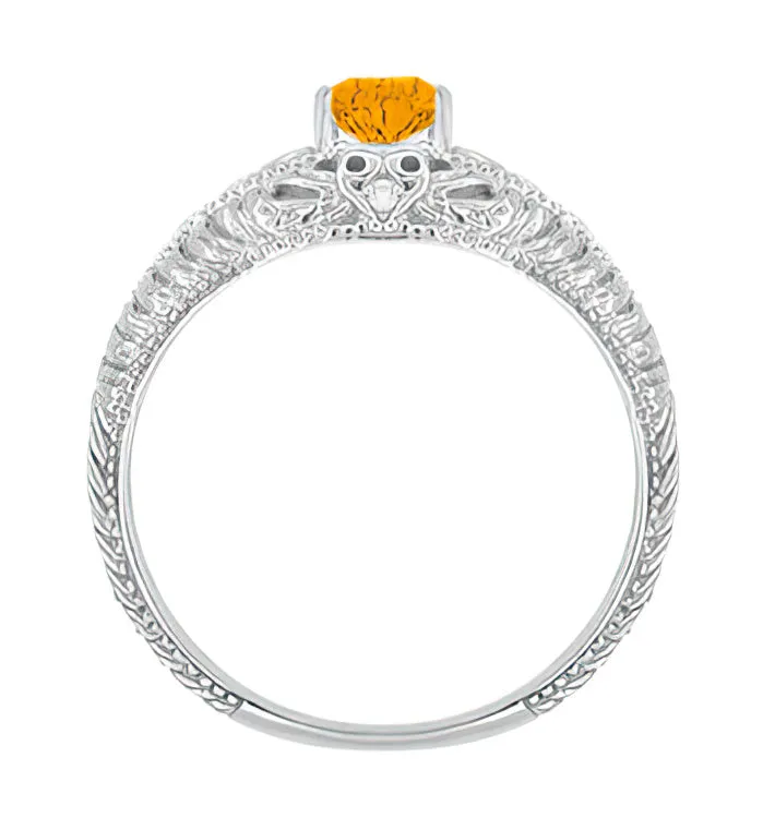 Art Deco Hearts Engraved Filigree Citrine Engagement Ring with Side Diamonds in 14 Karat White Gold