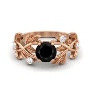 Art Deco Leaf Style Black Spinel Engagement Ring Vintage Bridal Ring