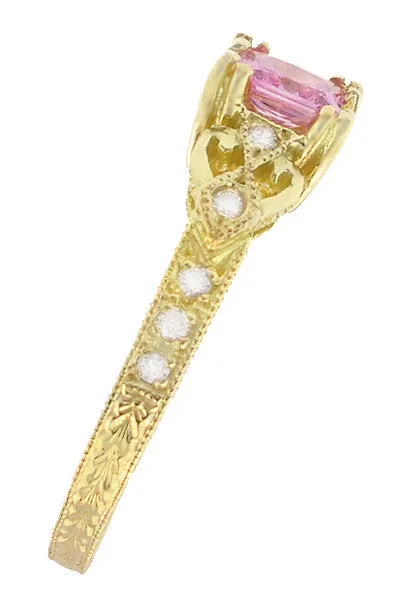 Art Deco Loving Hearts Antique Style Princess Cut Pink Sapphire Engraved Engagement Ring in 18 Karat Yellow Gold