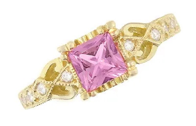 Art Deco Loving Hearts Antique Style Princess Cut Pink Sapphire Engraved Engagement Ring in 18 Karat Yellow Gold