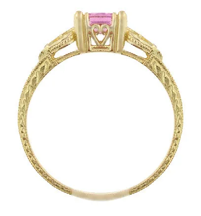 Art Deco Loving Hearts Antique Style Princess Cut Pink Sapphire Engraved Engagement Ring in 18 Karat Yellow Gold