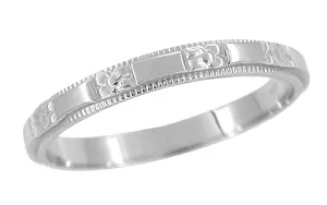 Art Deco Meadow Beauty Flowers Chased Antique Style Wedding Ring in White Gold - 2.5mm Wide