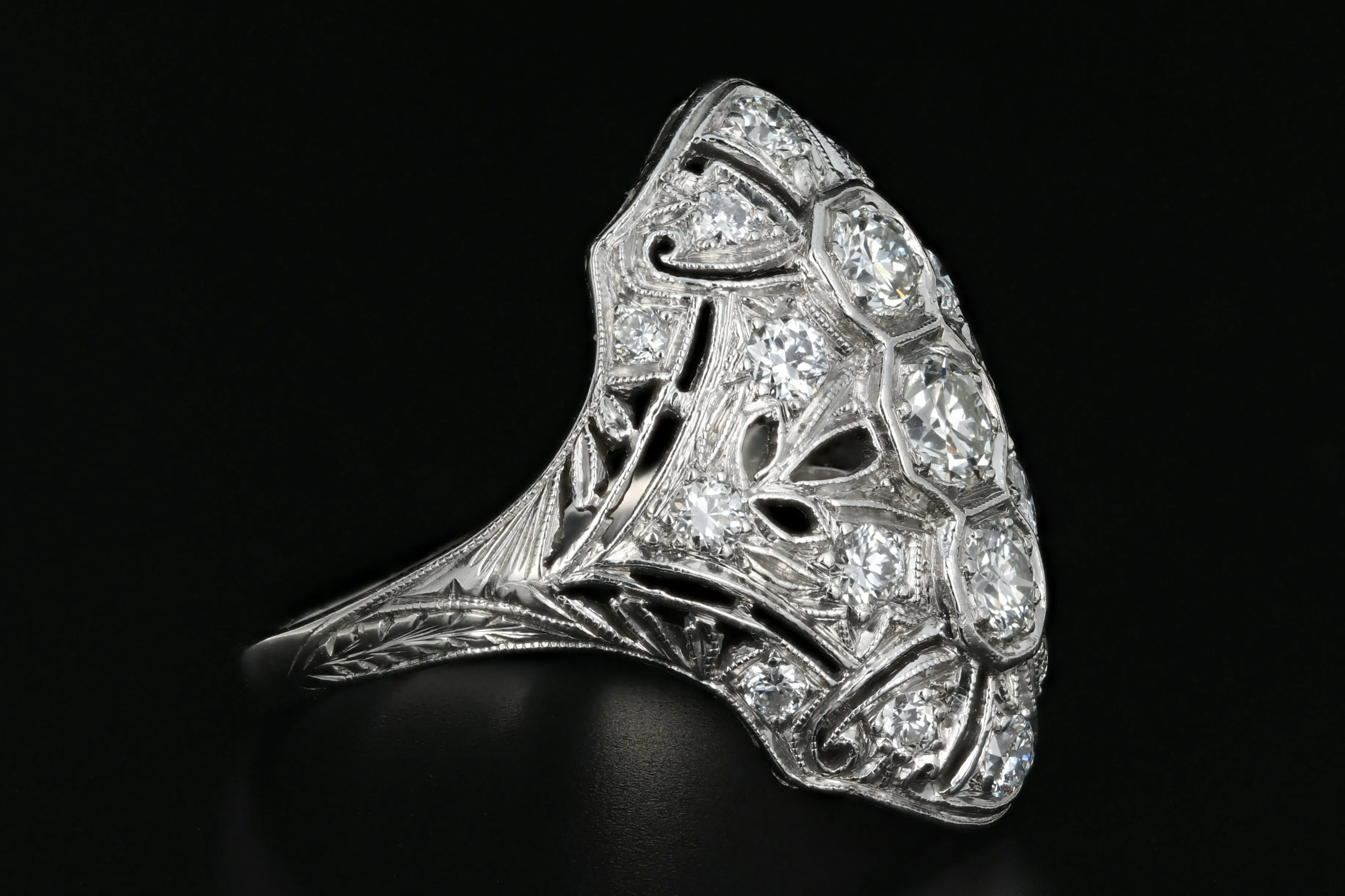 Art Deco Platinum .60 Carat Diamond Weight Total Shield Ring