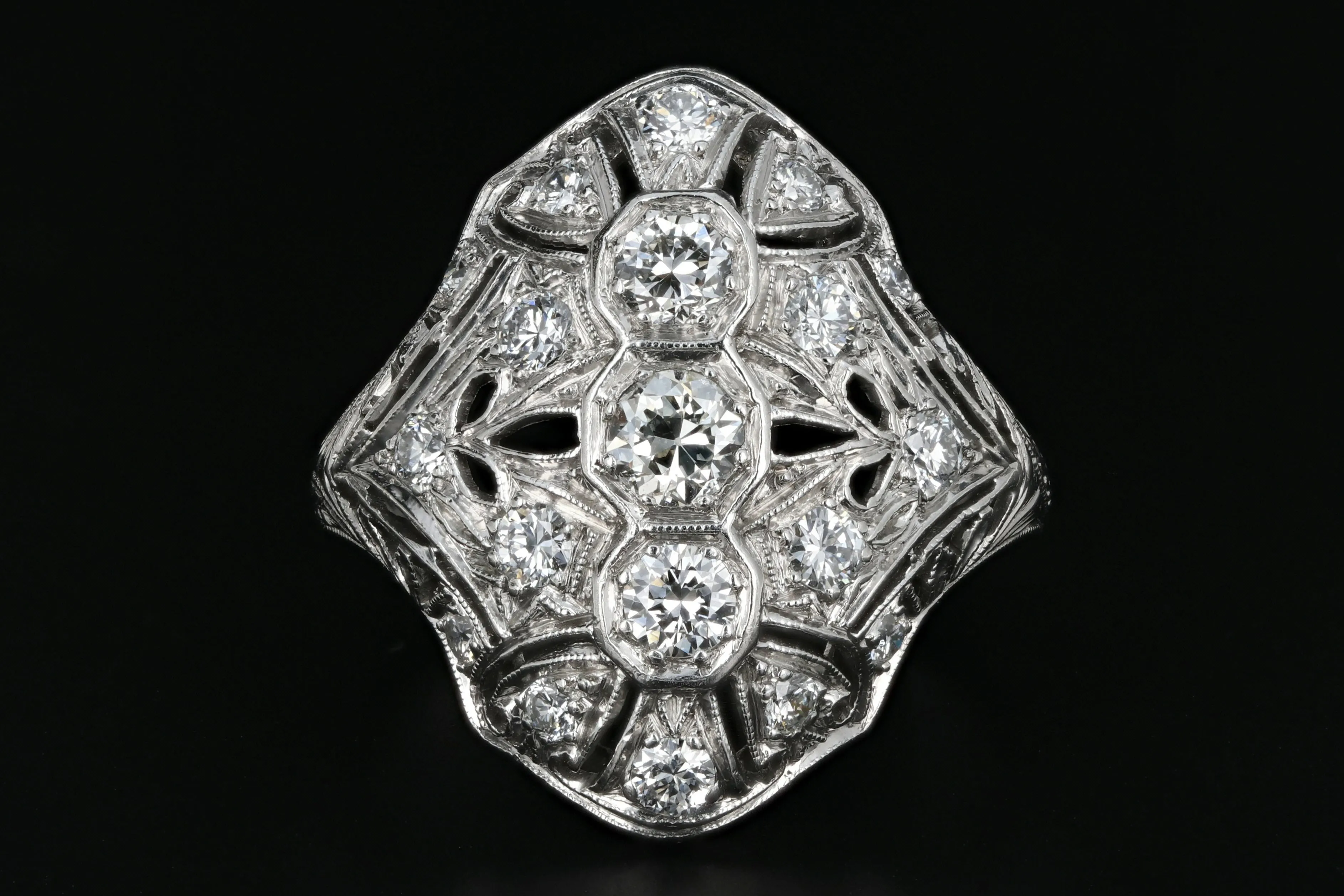 Art Deco Platinum .60 Carat Diamond Weight Total Shield Ring