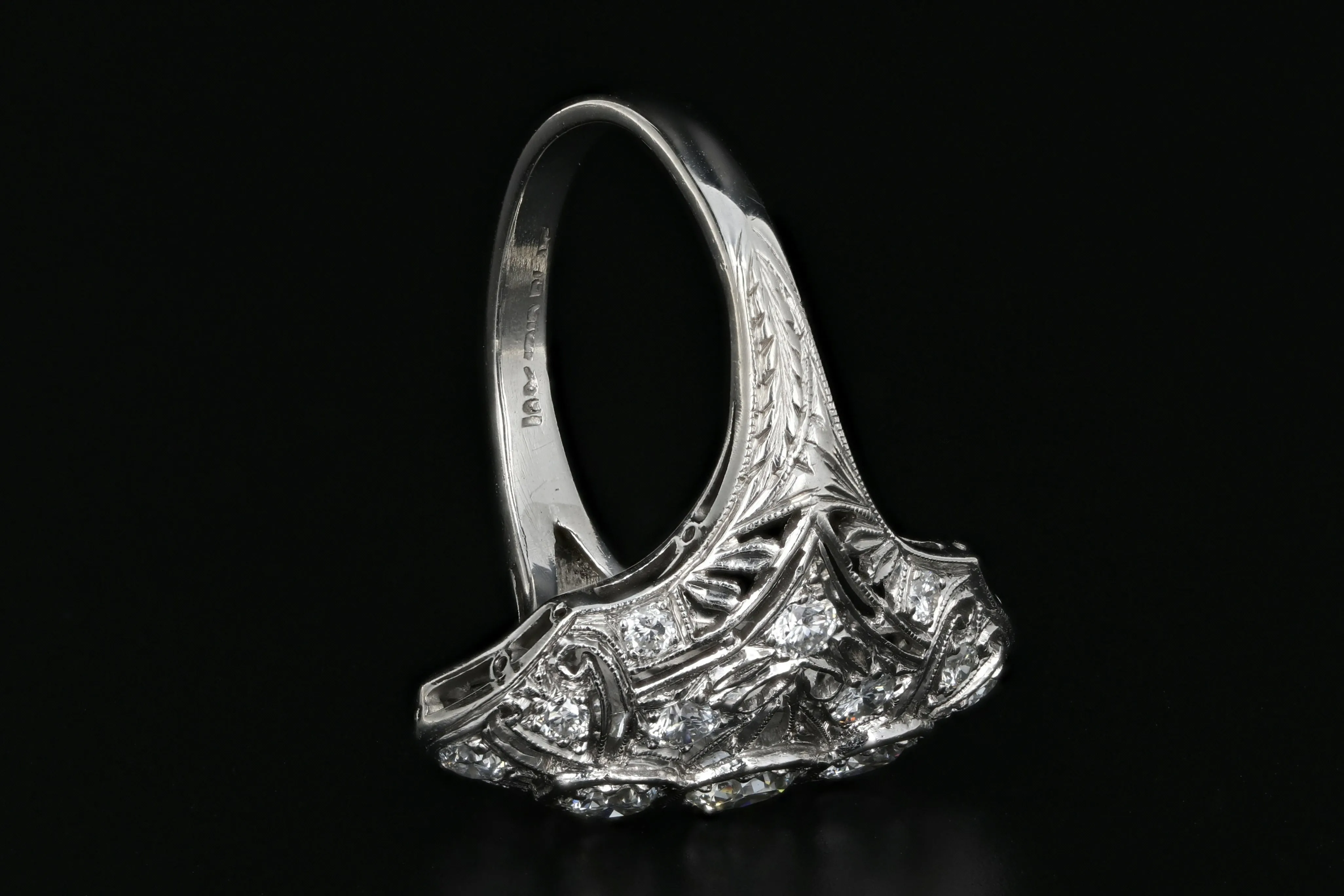 Art Deco Platinum .60 Carat Diamond Weight Total Shield Ring