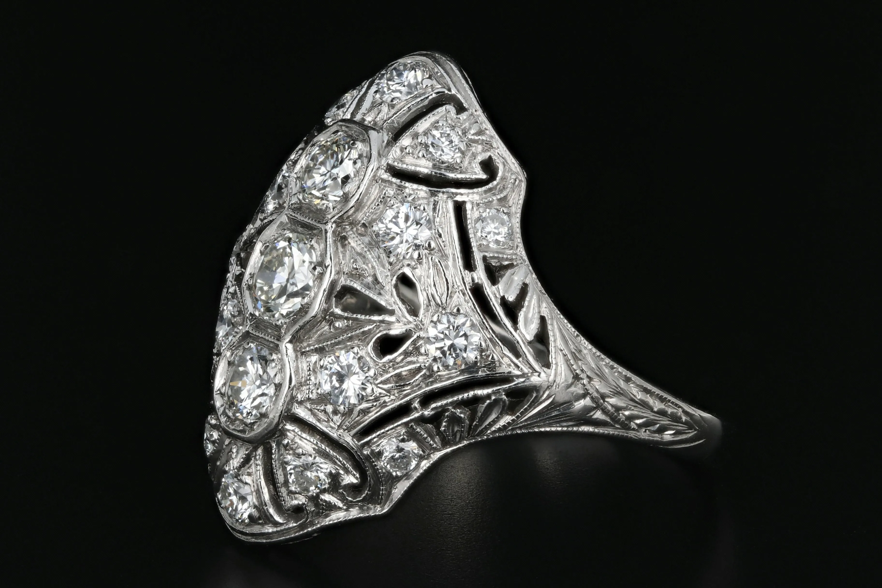 Art Deco Platinum .60 Carat Diamond Weight Total Shield Ring