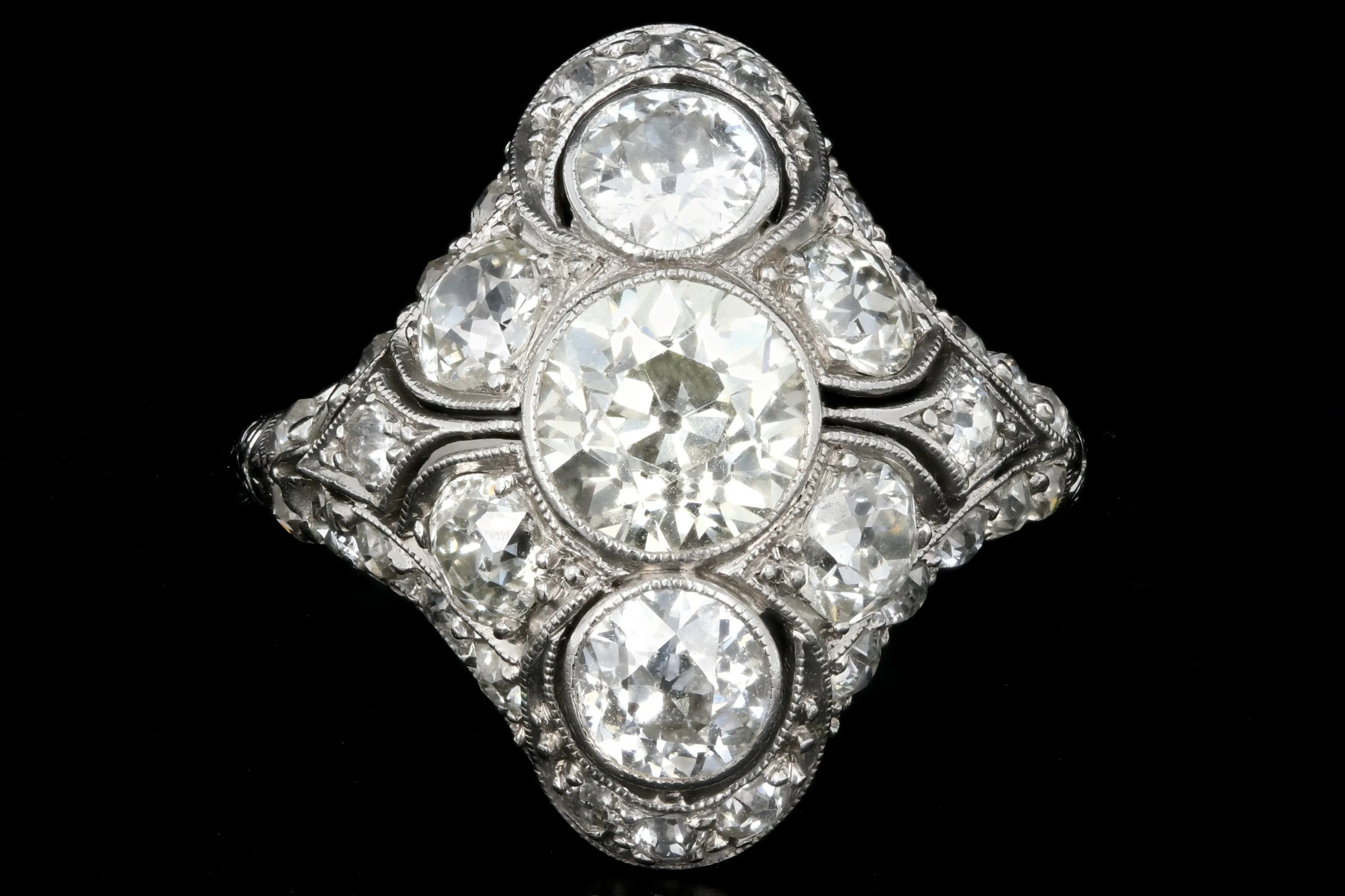 Art Deco Platinum Old European Cut Diamond 3 Stone Cluster Ring C.1920's