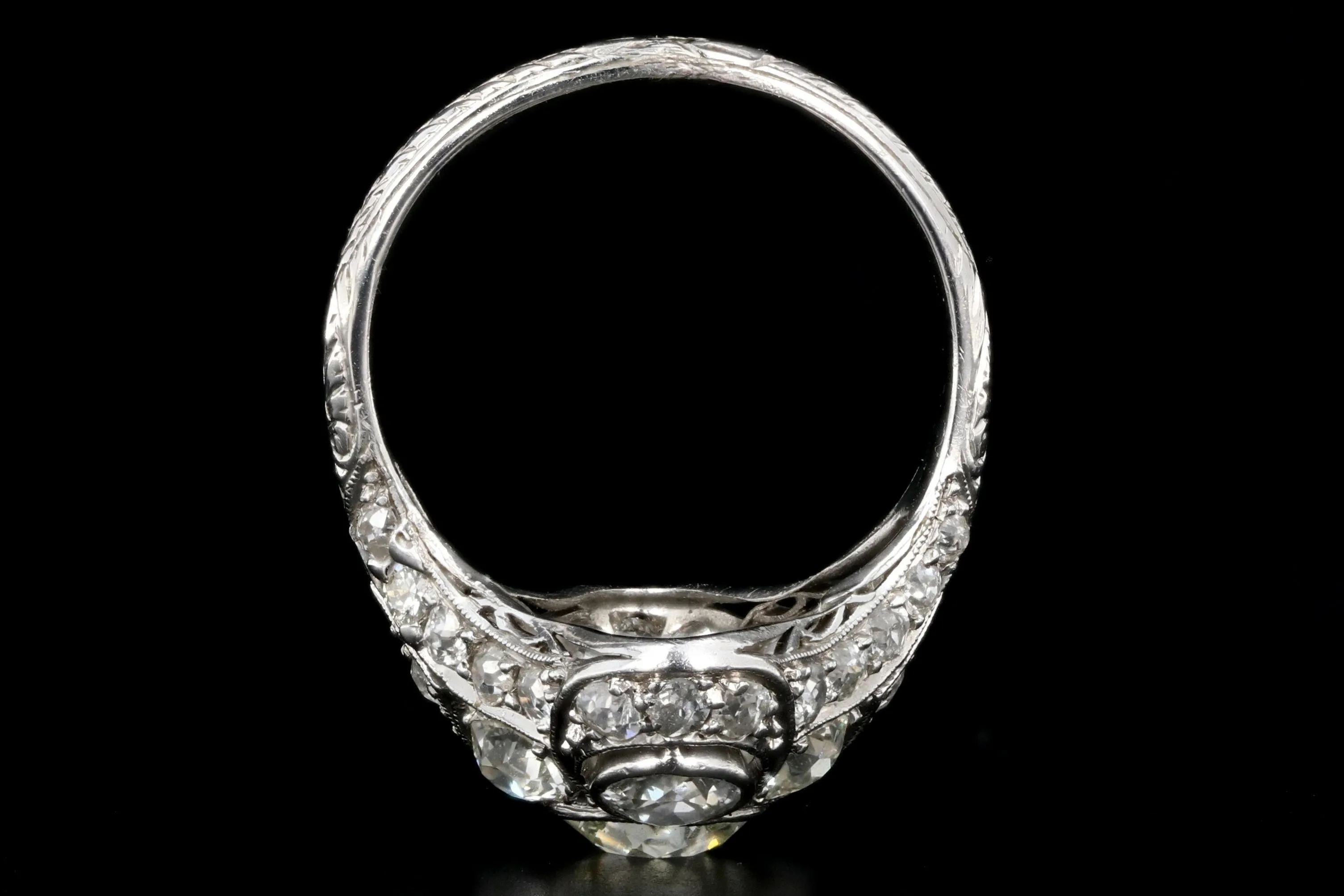 Art Deco Platinum Old European Cut Diamond 3 Stone Cluster Ring C.1920's