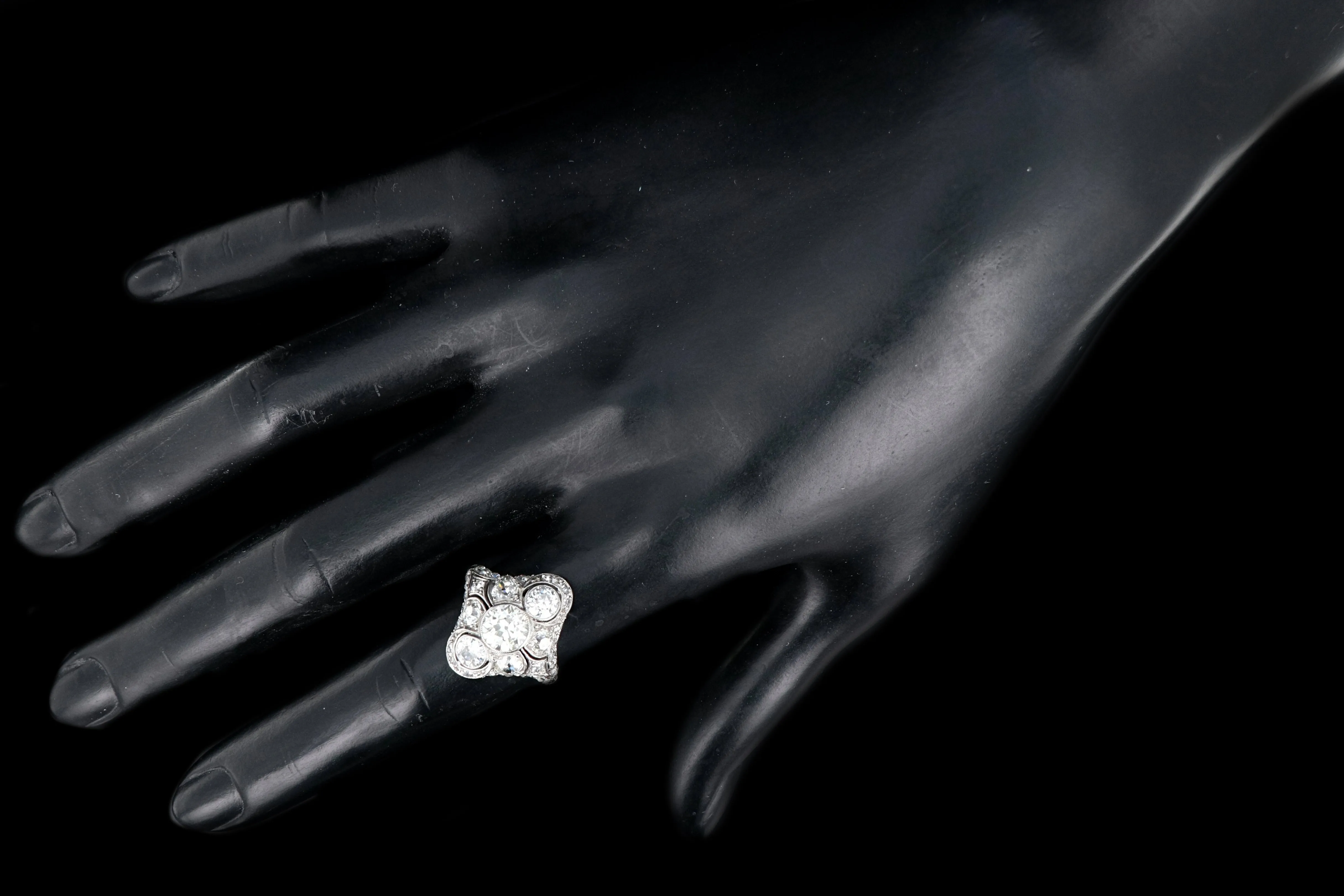 Art Deco Platinum Old European Cut Diamond 3 Stone Cluster Ring C.1920's