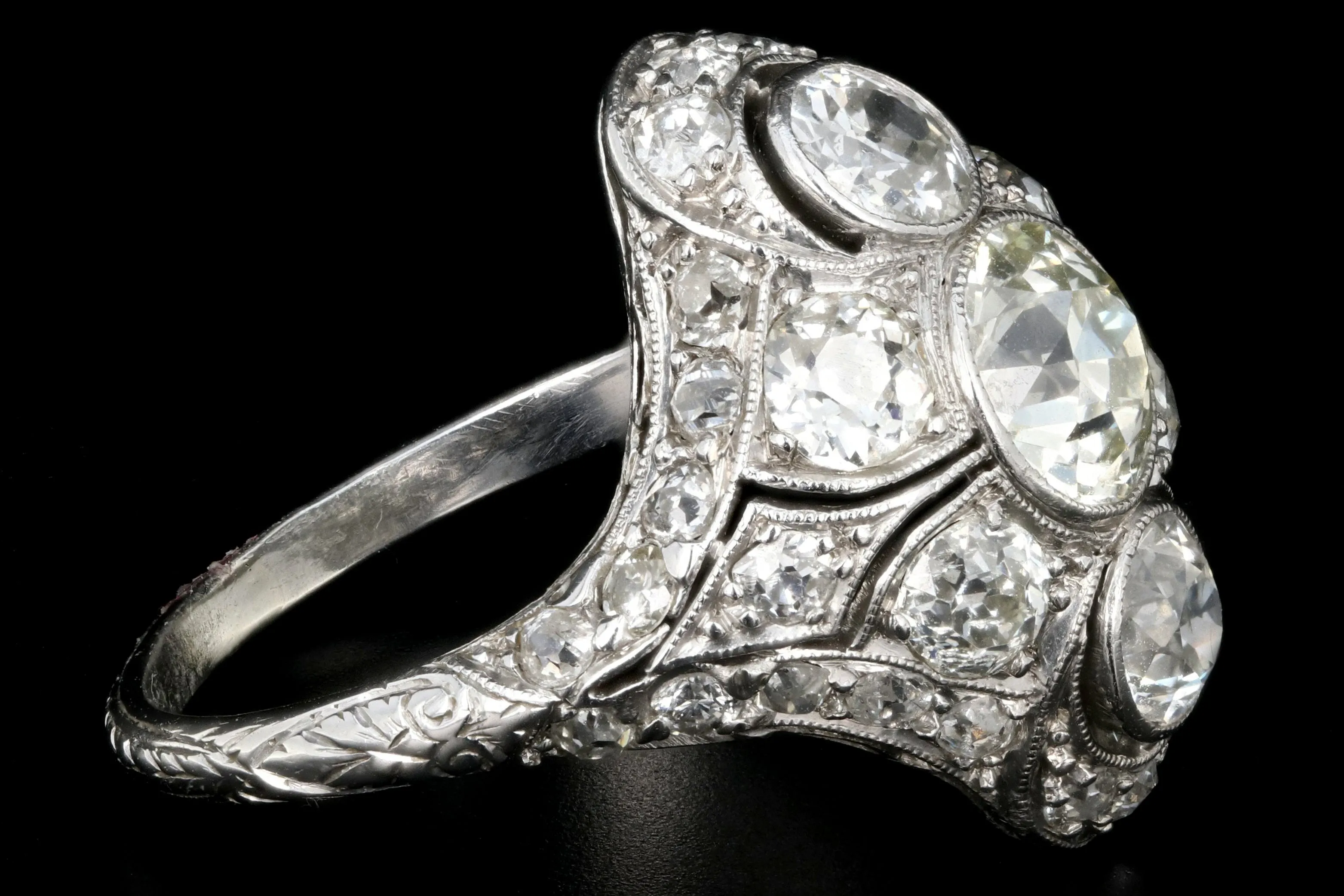 Art Deco Platinum Old European Cut Diamond 3 Stone Cluster Ring C.1920's