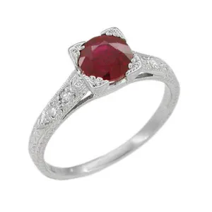 Art Deco Platinum Ruby and Side Diamonds Engraved Engagement Ring