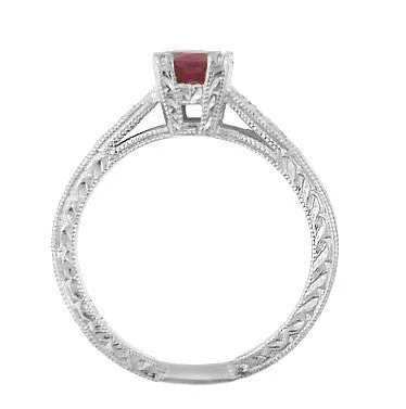 Art Deco Platinum Ruby and Side Diamonds Engraved Engagement Ring