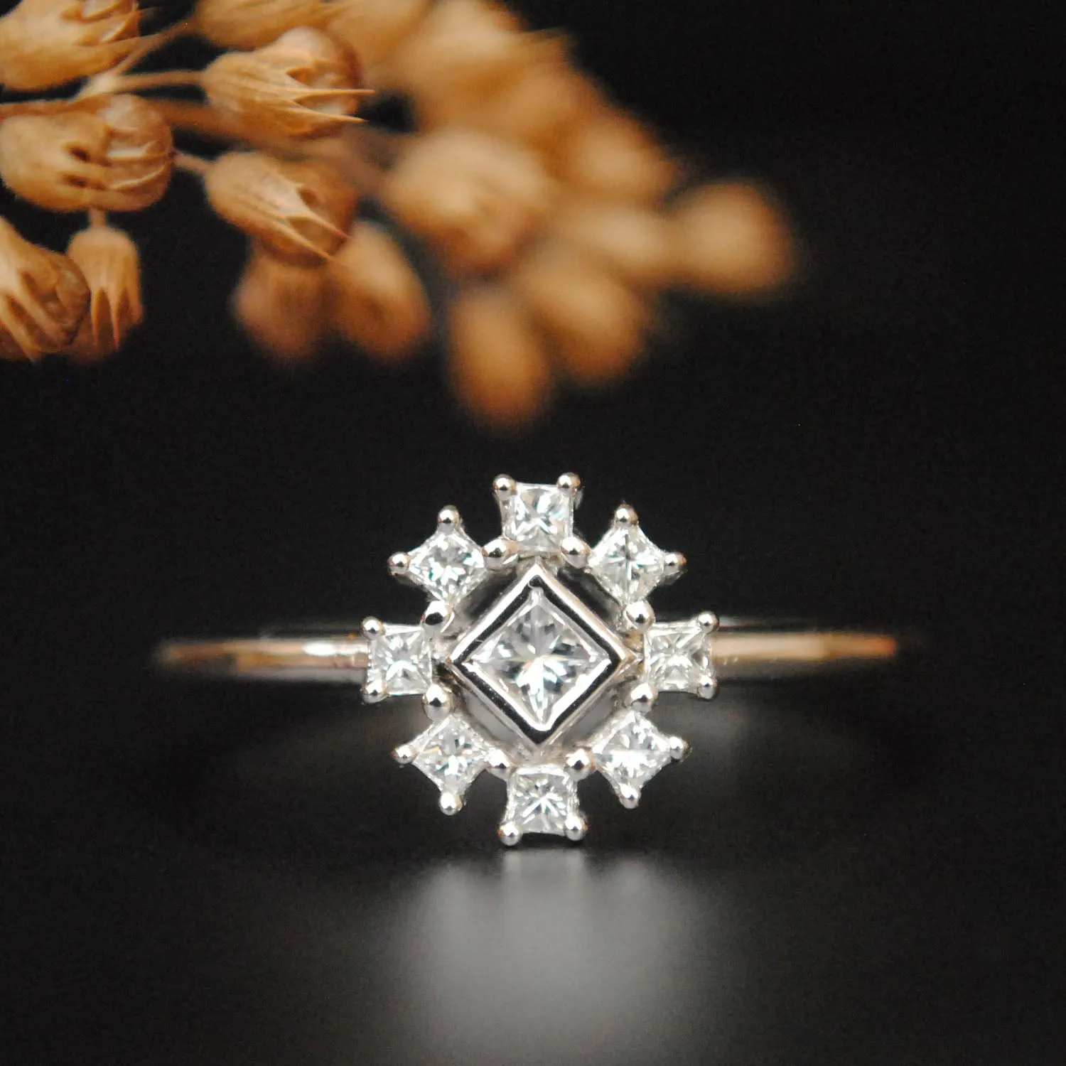 Art Deco Princess Cut Diamond Engagement Ring with Halo