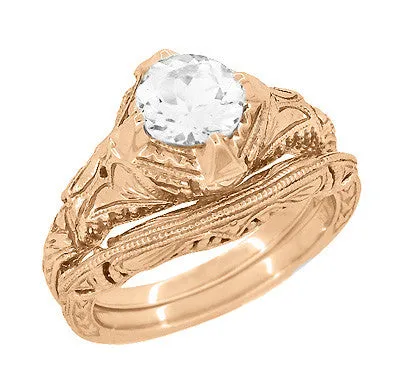 Art Deco Rose Gold 3/4 Carat White Sapphire Engraved Filigree Engagement Ring