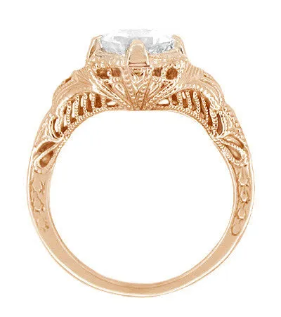 Art Deco Rose Gold 3/4 Carat White Sapphire Engraved Filigree Engagement Ring
