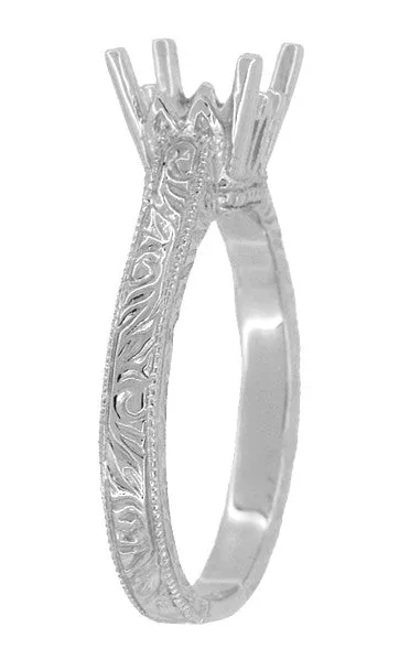 Art Deco Scrolls 1.50 - 1.75 Carat Castle Filigree Engagement Ring Setting in 18 Karat White Gold
