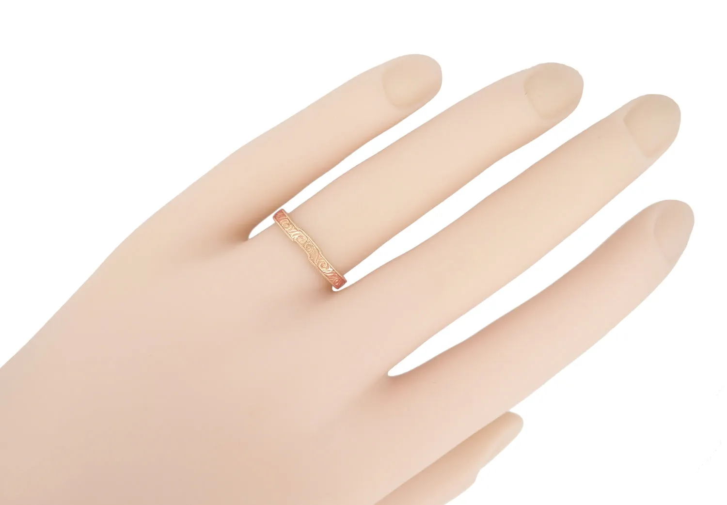Art Deco Scrolls Contoured Engraved Wedding Band in 14 Karat Rose Gold