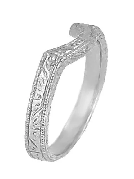 Art Deco Scrolls Engraved Curved Wedding Band in Palladium