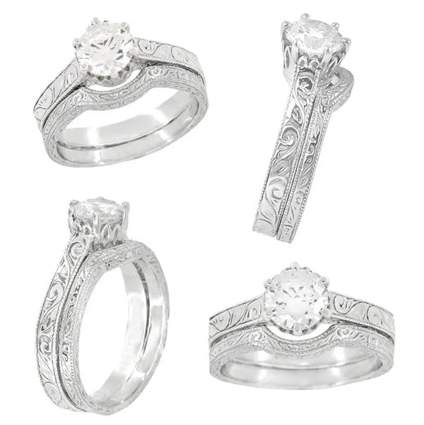 Art Deco Scrolls Engraved Curved Wedding Band in Palladium