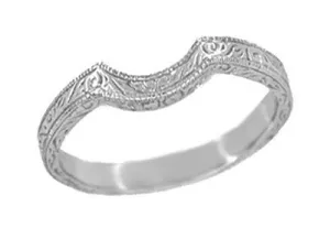 Art Deco Scrolls Engraved Curved Wedding Band in Palladium