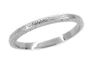Art Deco Thin Wheat Pattern Wedding Band in 14 Karat White Gold with Engraving on Three Sides - 2.3mm Wide