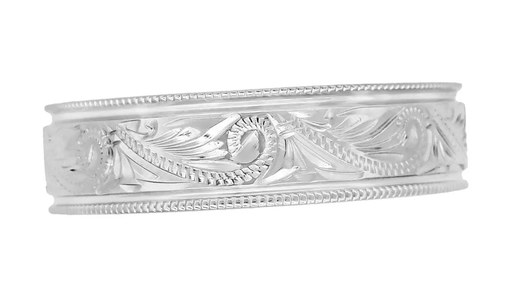 Art Deco Vintage Hand Carved Scrolls Mens Platinum Western Wedding Band