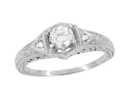 Art Deco White Sapphire Filigree Engraved Engagement Ring in Platinum