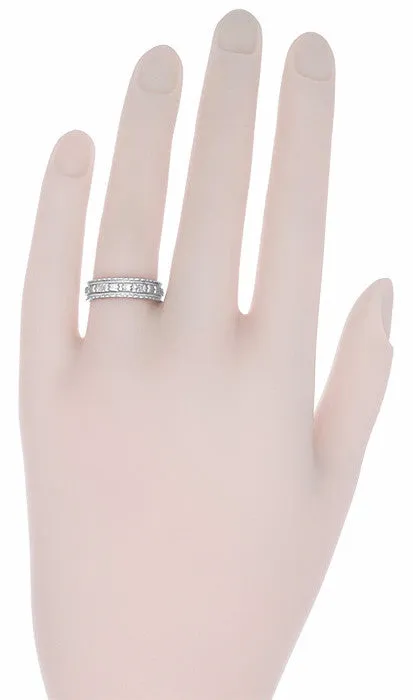 Art Deco Wide Carved Floral Platinum Wedding Band