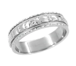 Art Deco Wide Carved Floral Platinum Wedding Band