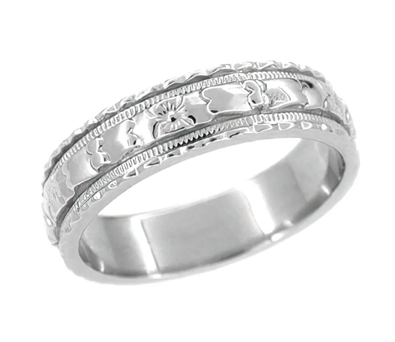 Art Deco Wide Carved Floral Platinum Wedding Band