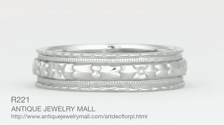 Art Deco Wide Carved Floral Platinum Wedding Band