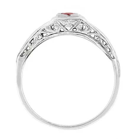 Art Deco Windsails Filigree Ruby Ring in 14K White Gold