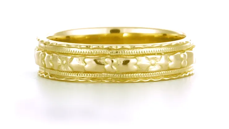 Art Deco Yellow Gold 5mm Wide Floral Carved Wedding Ring