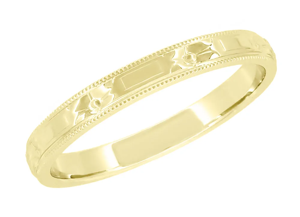 Art Deco Yellow Gold Carved Flowers and Bars Wedding Band