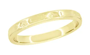 Art Deco Yellow Gold Carved Flowers and Bars Wedding Band