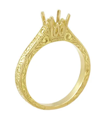 Art Deco Yellow Gold Carved Scrolls Filigree Castle 1/2 Carat Engagement Ring Setting