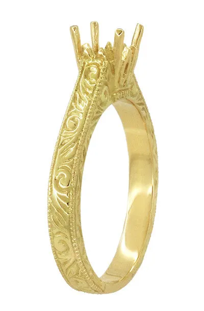 Art Deco Yellow Gold Carved Scrolls Filigree Castle 1/2 Carat Engagement Ring Setting