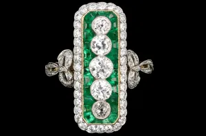Art Nouveau Style Emerald and Diamond Cocktail Ring Size 8