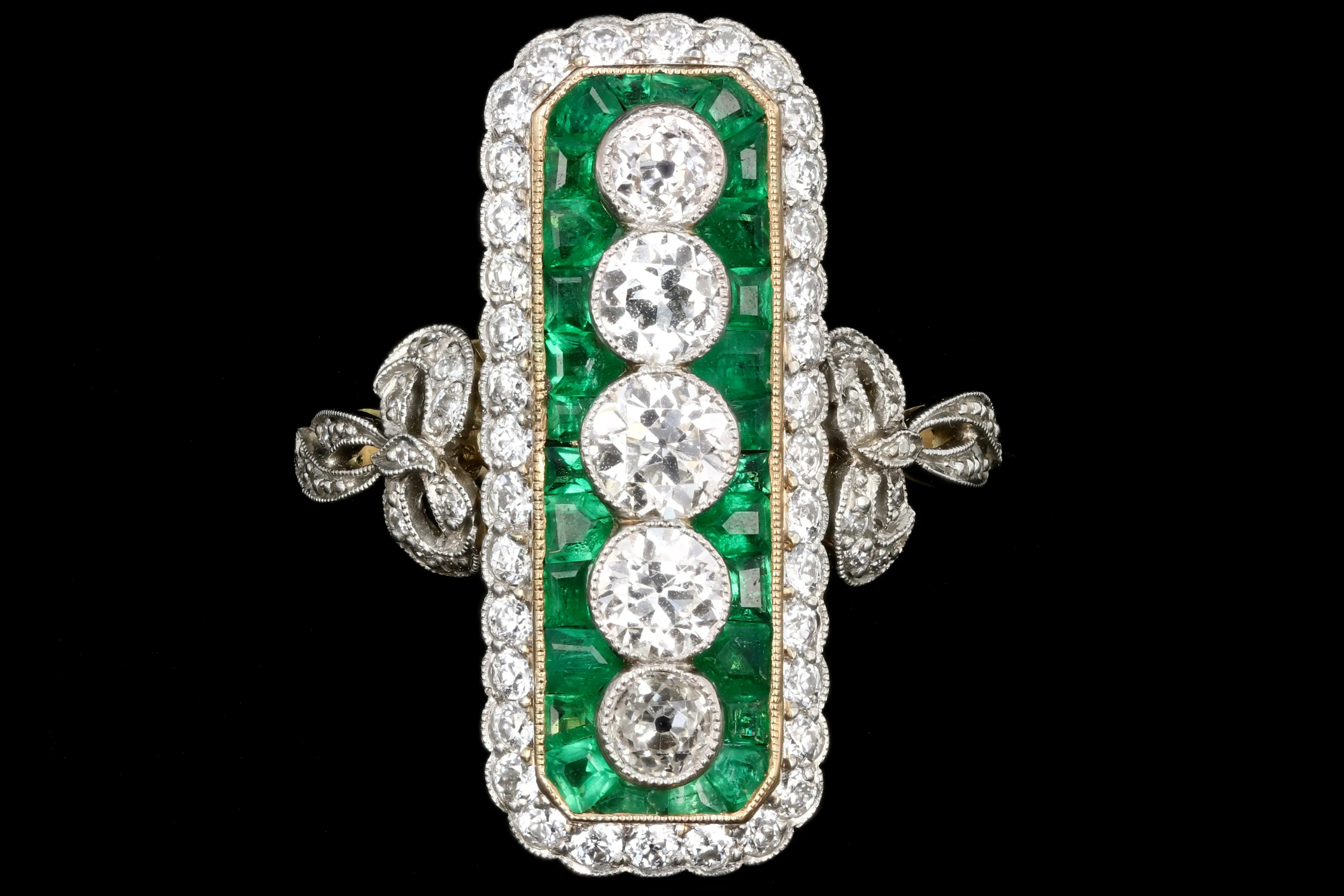 Art Nouveau Style Emerald and Diamond Cocktail Ring Size 8