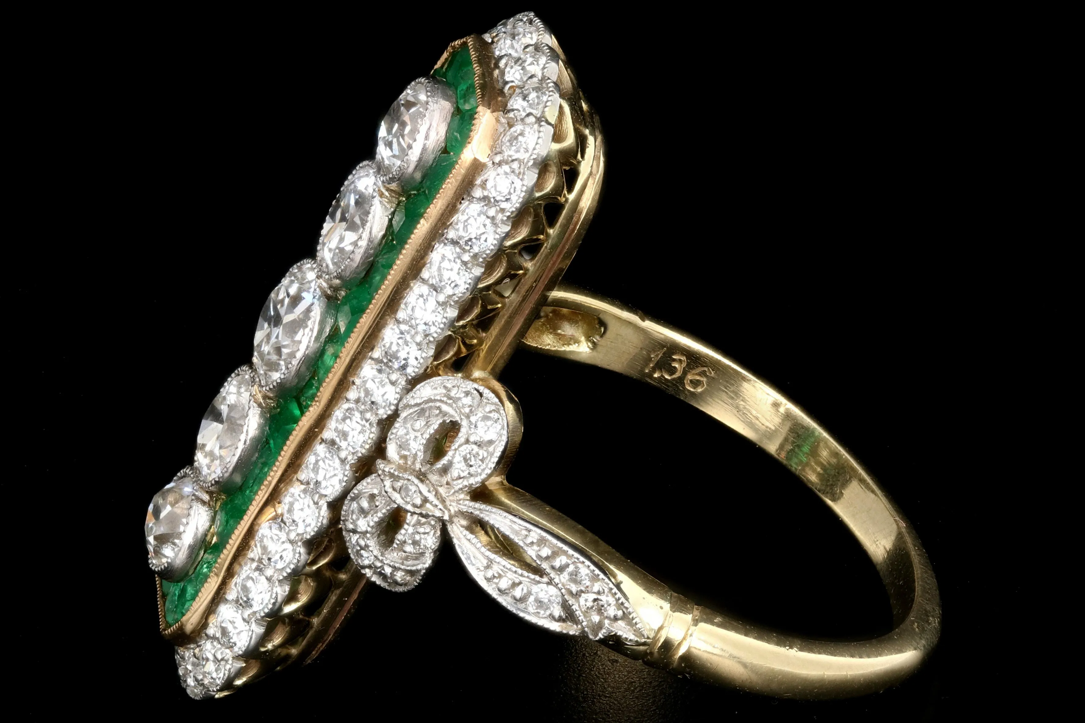 Art Nouveau Style Emerald and Diamond Cocktail Ring Size 8