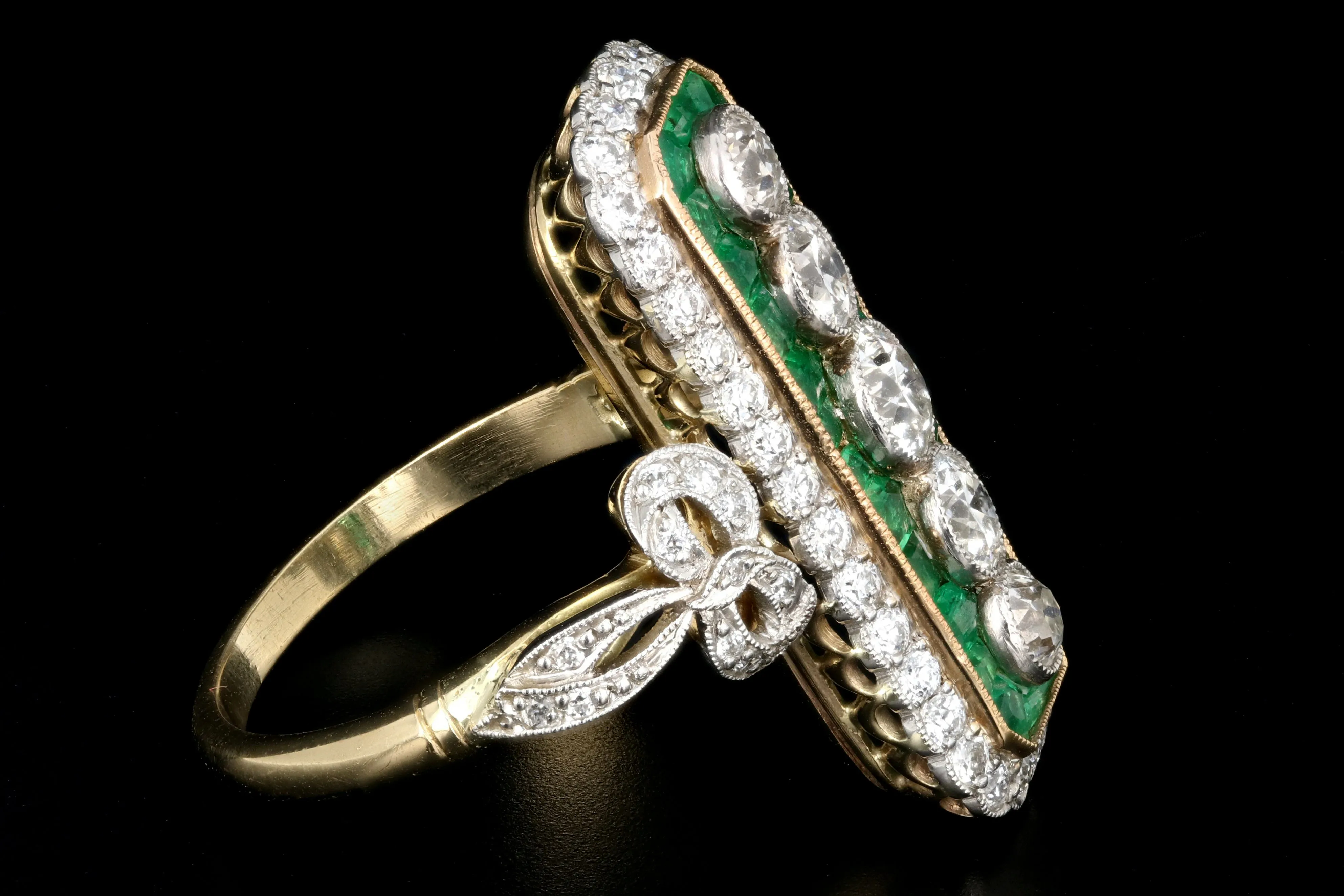 Art Nouveau Style Emerald and Diamond Cocktail Ring Size 8