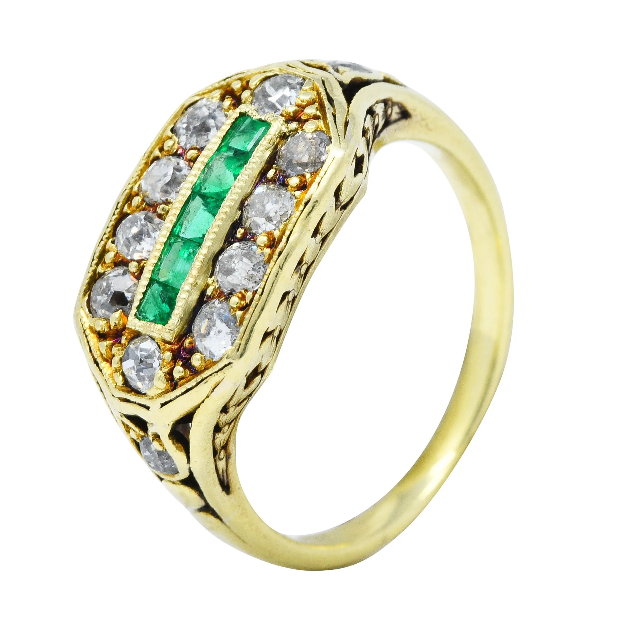 Arts and Crafts Emerald Diamond 18 Karat Green Gold Laurel Band Ring