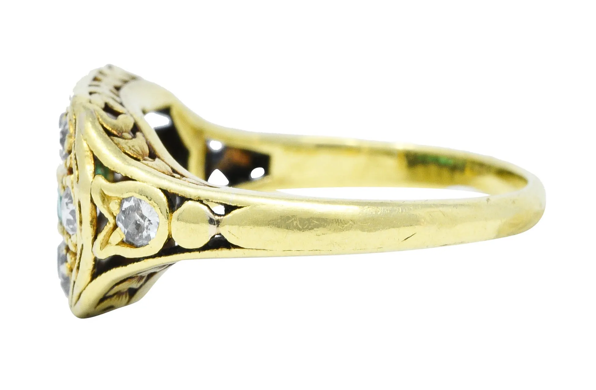 Arts and Crafts Emerald Diamond 18 Karat Green Gold Laurel Band Ring