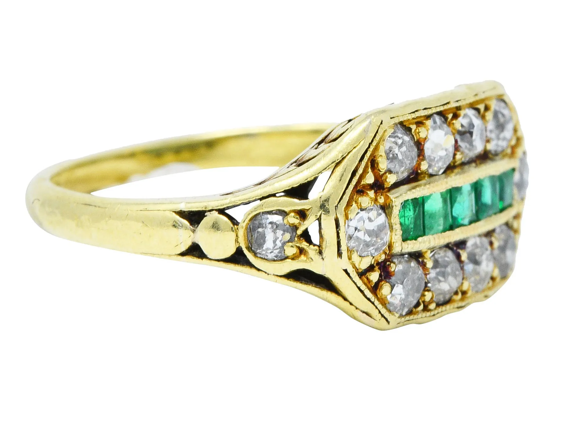 Arts and Crafts Emerald Diamond 18 Karat Green Gold Laurel Band Ring