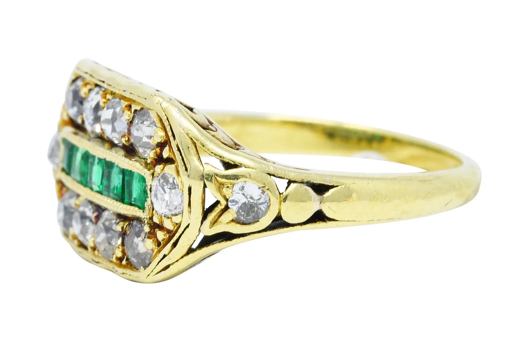Arts and Crafts Emerald Diamond 18 Karat Green Gold Laurel Band Ring