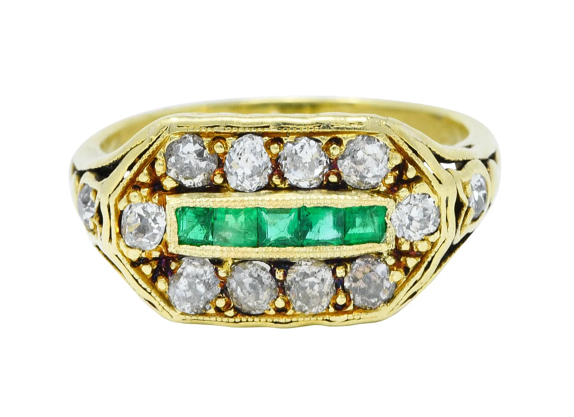 Arts and Crafts Emerald Diamond 18 Karat Green Gold Laurel Band Ring