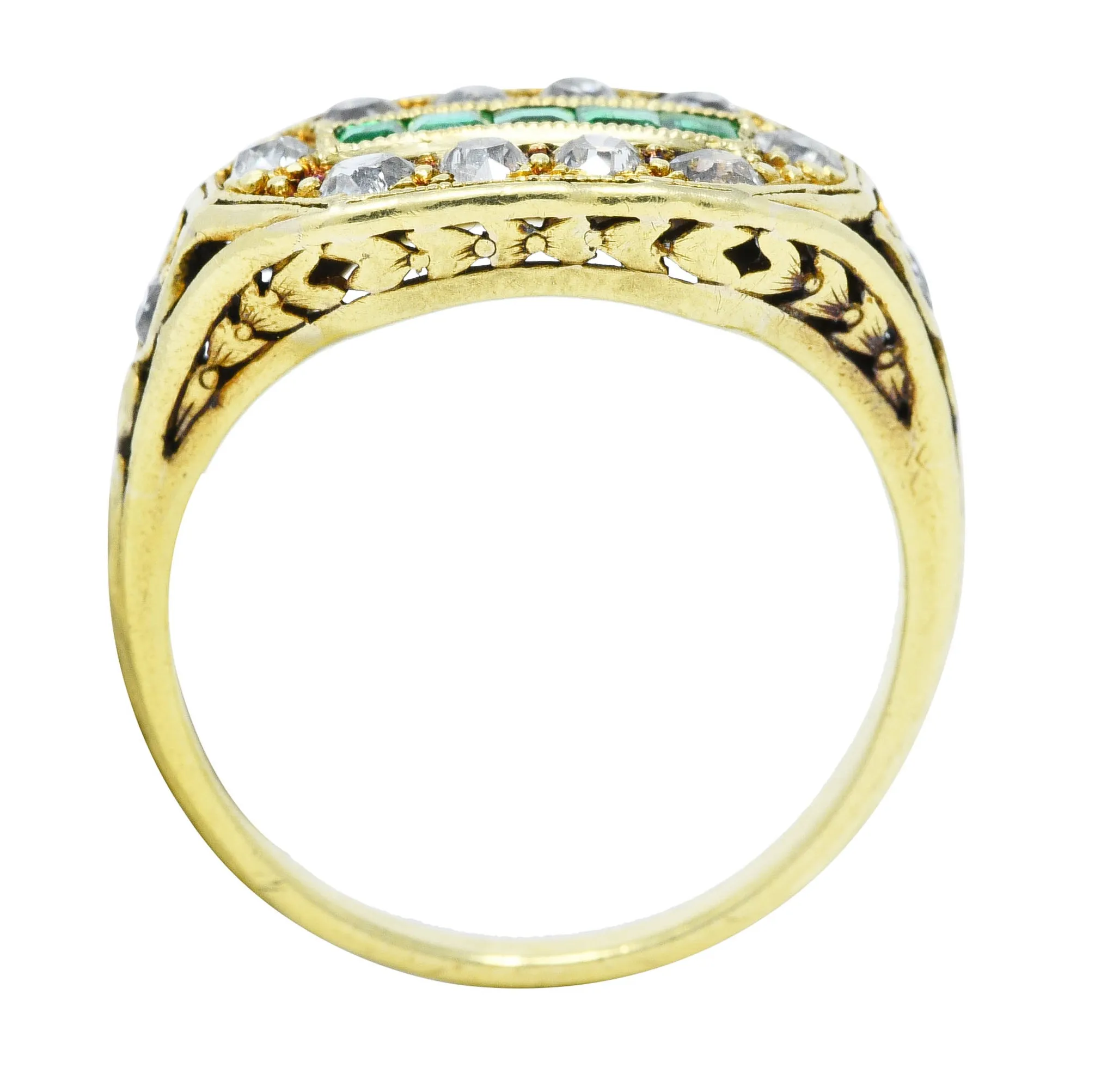 Arts and Crafts Emerald Diamond 18 Karat Green Gold Laurel Band Ring