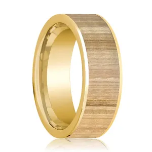 Ash Wood Inlaid Men's 14k Yellow Gold Wedding Band Flat Polished - 8MM